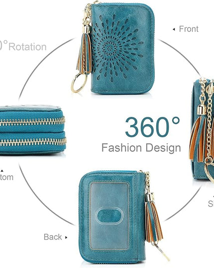 APHISON RFID Credit Card Holder Zipper Card Case Keychain Small Wallet for Women 1942-2 PEACOCK-BLUE