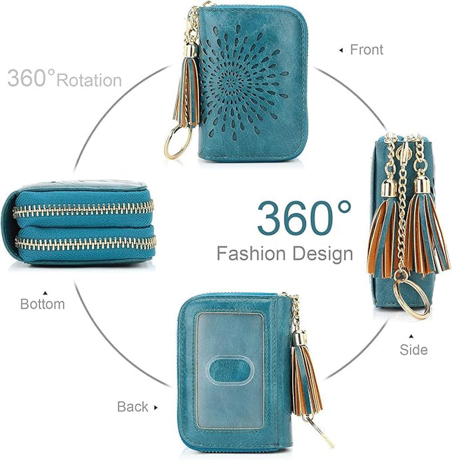 APHISON RFID Credit Card Holder Zipper Card Case Keychain Small Wallet for Women 1942-2 PEACOCK-BLUE