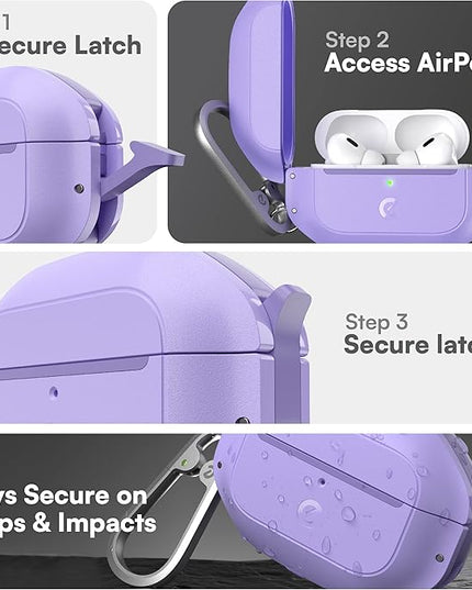 Keybudz for AirPods Pro 2 Case with Lock - Fully Waterproof AirPods Pro 2nd Generation Case Cover - Keychain, Rugged Tough Protection, Hard Shell and Carabiner for USB-C/Lightning (Wild Lavender)