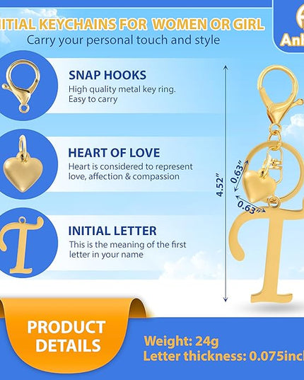 A-Z Heart Initial Letter Keychain, Stainless Steel Alphabet Charm for Handbags, Gift for Women and Girls
