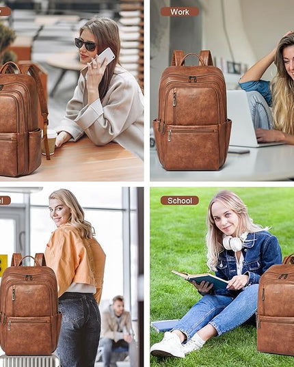 Shrrie 17 inch Leather Laptop Backpack for Women, Large Travel Backpack with 6 Compartments, Vegan Leather Computer backpack purse for WORK Casual Daypack College