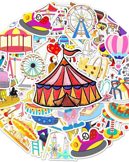 Amusement Park Stickers 50PCS - Kawaii Ferris Wheel, Merry-Go-Round & Roller Coaster Waterproof Vinyl Decals for Water Bottles Laptops Bikes,Cute Decals for Teens Girls Boys