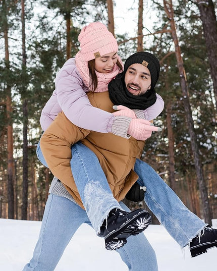 Winter Beanie Hat Scarf Gloves, Warm Fleece Knit Hats Touch Screen Gloves Neck Scarf Set Winter Gifts for Unisex Adult