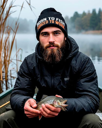 Born to Fish Forced to Work Beanie Hat – Funny Fishing Embroidered Knit Winter Cap – Warm Angler Hat for Men, Women & Teens – Fisherman Gift & Outdoor Accessory Black