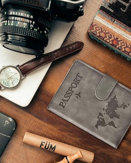 Passport Holder for Travel Women and Men RFID Passport Holder with Card Slots Holder Passport Case Passport cover Passport Wallet Travel Essentials and Accessories (Buckle, Grey)