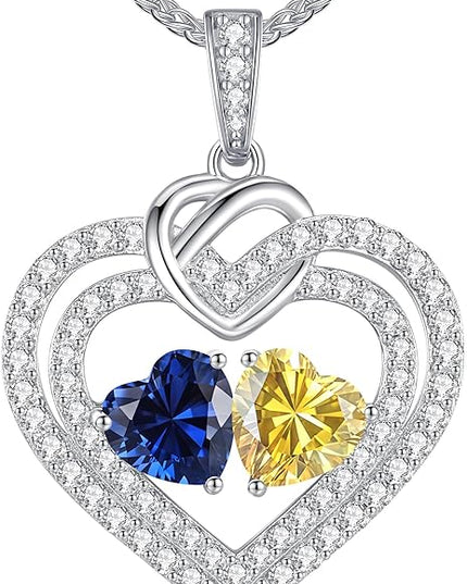 LOUISA SECRET Sparkling Double Heart Birthstone Necklaces for Women, 925 Sterling Silver Fine Jewelry, Pendant Heart Necklaces Birthday Anniversary Christmas Gift for Women Wife Mom Girlfriend Lady