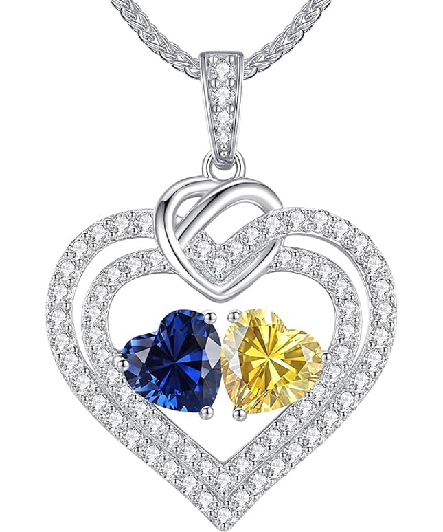 LOUISA SECRET Sparkling Double Heart Birthstone Necklaces for Women, 925 Sterling Silver Fine Jewelry, Pendant Heart Necklaces Birthday Anniversary Christmas Gift for Women Wife Mom Girlfriend Lady