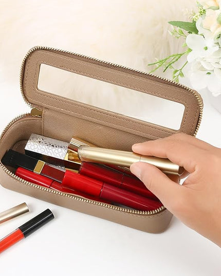 Aveniee Clear Makeup Brush Bag, Slim Cosmetic Brush Holder, Small Travel Toiletry Bag for Women, Thin Make up Bags with Dual Zipper, Mini Travel Essentials Organizer - Taupe