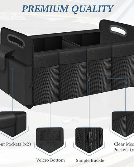 Trunk Organizer, Collapsible Waterproof car Trunk Organizer for SUVs & Sedans, Car Storage Organizers with Reinforced Handles, Car Accessories for Women and Men, 2 Compartments, 52L, Black