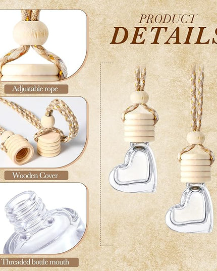 BBTO 200 Pcs Hanging Car Diffuser Bottles Bulk, Empty Clear Glass Air Freshener Bottles with Wooden Cap for Perfume Essential Oils Fragrance Aromatherapy Ornament(Heart)