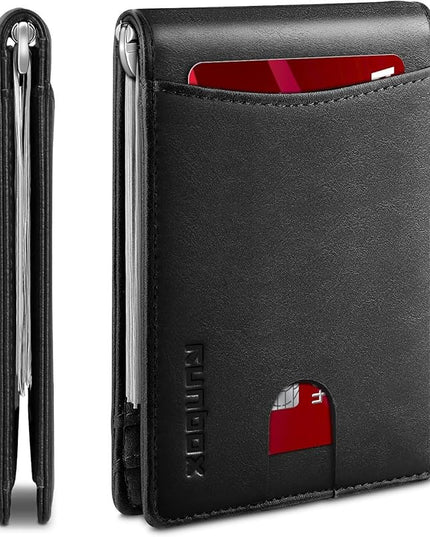 RUNBOX Slim Wallet for Men Genuine Leather RFID Blocking Bifold Minimalist Front Pocket Mens Wallet with Money Clip Thin Gift Box