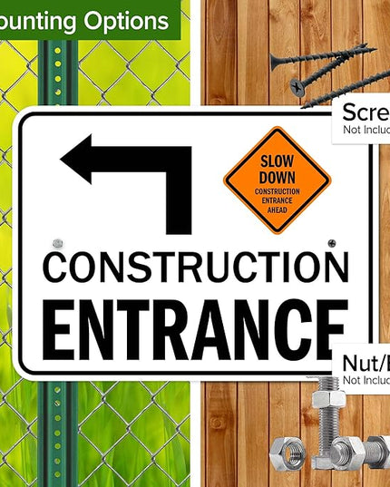 Slow Down Construction Entrance Ahead With Left Arrow Sign, 18x24 Inches, Rust Free .063 Aluminum, Fade Resistant, Made in USA by My Sign Center