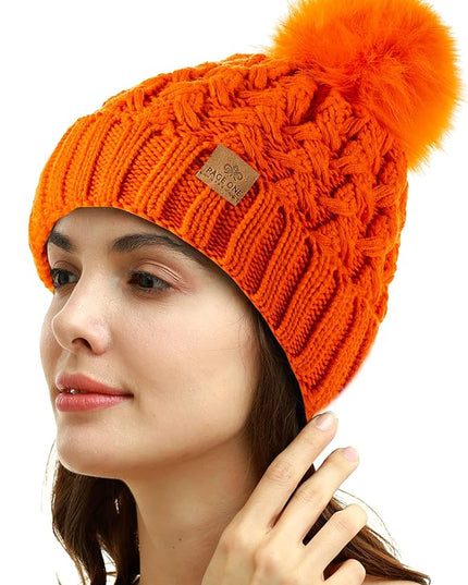 PAGE ONE Womens Winter Ribbed Beanie Crossed Cap Chunky Cable Knit Pompom Soft Warm Hat