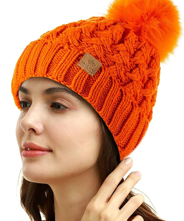PAGE ONE Womens Winter Ribbed Beanie Crossed Cap Chunky Cable Knit Pompom Soft Warm Hat