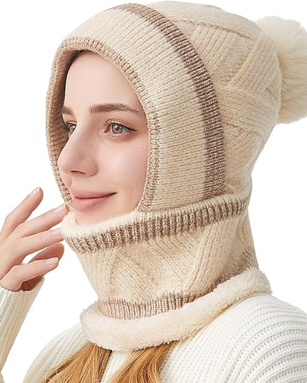 HUAMULAN Women Winter Beanie Hats One Piece Fleece Lined Knit Balaclavas Mask Set Skull Neck Circle Scarf Ski Snow Hat Pompom