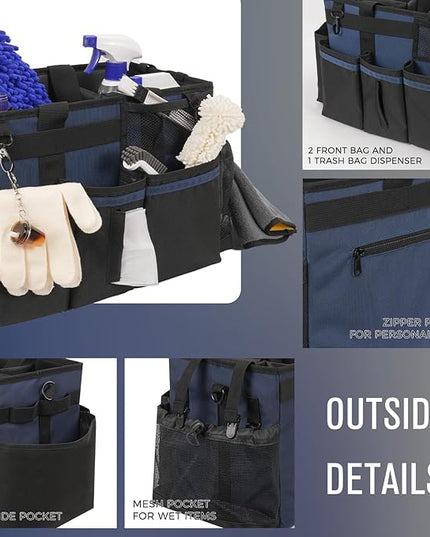 Wearable Cleaning Caddy, Cleaning Caddy Supplies Organizer with Handle & Shoulder Straps for Housekeepers, Under Sink & Car Cleaning Tool Organizers Bag with 4 Foldable Divider (NavyBlue)