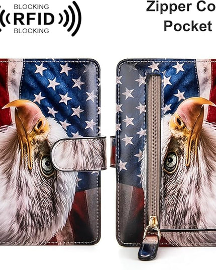 Passport Holder for Travel Essentials, RFID Blocking Passport Wallet Cover with Magnetic Closure, Passport Book Holders for Women and Men (American Flag Bald Eagle)