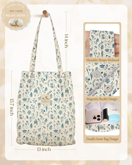 Aesthetic 2 Pack Corduroy Tote Bag - with Makeup Pouch Bag for Women Reusable Grocery Bag for Gym, Travel, Work