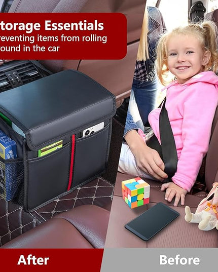 Hanging Car Seat Organizer with Lid - Premium PU Leather Backseat Organizer for Kids & Adults (Black)