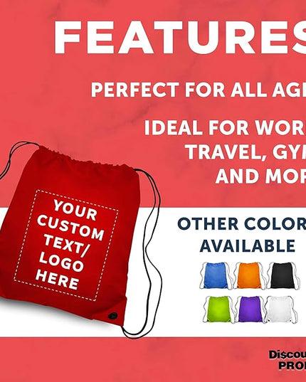 DISCOUNT PROMOS Custom Classic Polyester Drawstring Bagpack Set of 10/50/100, Personalized Bulk Pack - Great for Travelling, Gym and for Everyday Use - Red