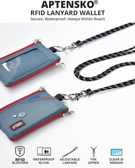RFID Travel Wallet with Adjustable Lanyard-Zipper Small Wallet with ID Card Holder, Keychain for women&men-Minimalist Slim Waterproof Nylon case for ID, Cash, Key (Slate Blue)