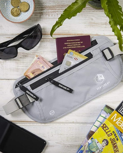 VENTURE 4TH Money Belt for Travel – Hidden Under-Clothes RFID Blocking Passport Holder & Slim Travel Wallet Pouch for Men & Women to Protect Cash, Cards & Documents (Silver)