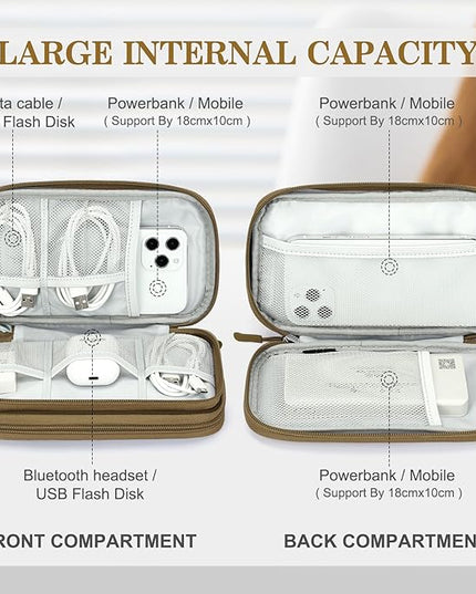 FYY Electronic Organizer, Travel Cable Organizer Bag Pouch Electronic Accessories Carry Case Portable Waterproof Double Layers Storage Bag for Cable, Charger, Phone, Earphone, Medium Size, Brown
