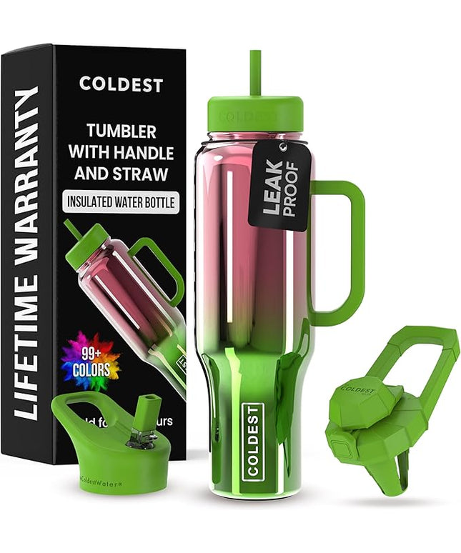 Coldest Tumbler with Handle and Straw - 100% Spill Proof Tumbler with Straw (3 Lids) - Stainless Steel Insulated Leakproof Tumblers for Women & Men - Cup Holder Friendly - 46 oz (Tinsel Nova)