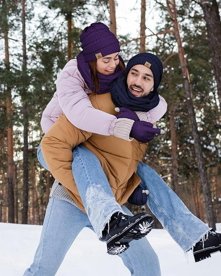 Winter Beanie Hat Scarf Gloves, Warm Fleece Knit Hats Touch Screen Gloves Neck Scarf Set Winter Gifts for Unisex Adult