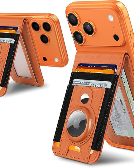 ExtreLife For Magsafe Wallet Stand with Airtag Holder, Strongest Magnetic Wallet for iPhone 17/16/15/14/13/12 Series, ID Window, 4 Card Slots, 10 Cards Holder, Vegan Leather, RFID Blocking, Orange