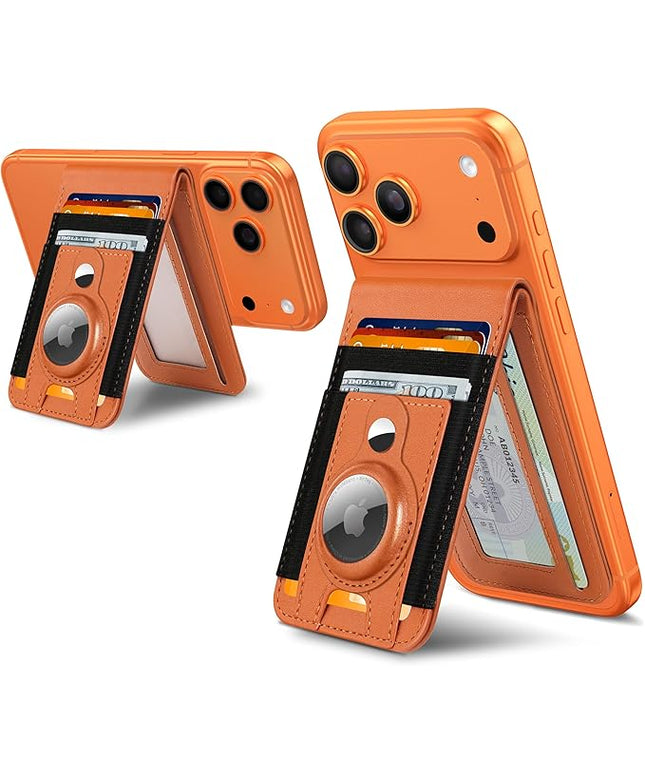ExtreLife For Magsafe Wallet Stand with Airtag Holder, Strongest Magnetic Wallet for iPhone 17/16/15/14/13/12 Series, ID Window, 4 Card Slots, 10 Cards Holder, Vegan Leather, RFID Blocking, Orange