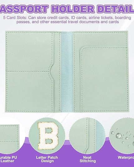 PATIKIL Passport Holder for Travel, Initial Passport Cover and Luggage Tag Set with Alphabet Chenille Letter Patch Travel Wallet Bag Suitcase Identifier for Women Family Travel Green B