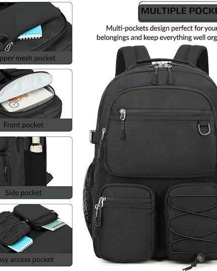 Lohol Water Resistant Daypack with Mulitiple Pockets for School Travel Outdoor College, 15.6 inch Laptop Backpack for Men and Women (Black)