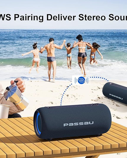 Passau Portable Bluetooth Speakers 40W Peak Loud Stereo Sound, Passive Radiators-Deep Bass, All Day Playtime, Adjustable Strap, BT5.3, IPX5 Wireless Speaker RGB Lights for Indoor Outdoor-Blue