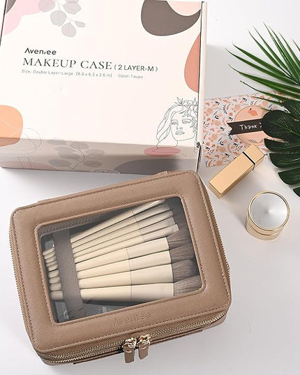Aveniee Large Clear Makeup Bags, Double Layer Cosmetic Bags with Separate Brush Compartment,Travel Toiletry Bag Train Case,Travel Accessories Organizer for Women,2 Layers,Brown