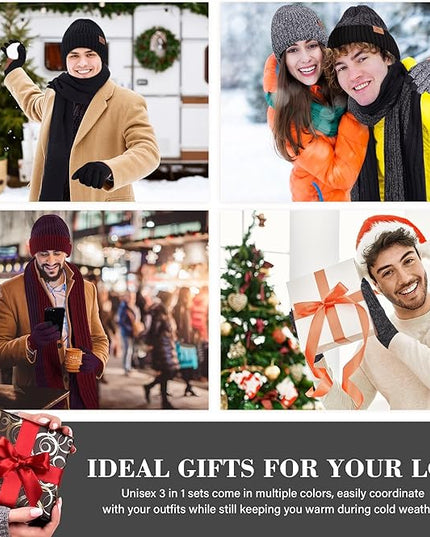FZ FANTASTIC ZONE Mens Winter Knit Hat Beanie Long Neck Scarf Touchscreen Gloves Set Fleece Skull Caps Gifts for Men Women