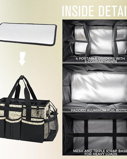 Wearable Cleaning Caddy, Cleaning Caddy Supplies Organizer with Handle & Shoulder Straps for Housekeepers, Under Sink & Car Cleaning Tool Organizers Bag with 4 Foldable Divider (YellowFlower)
