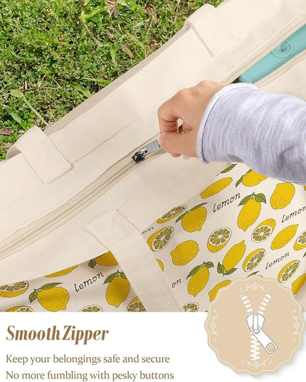 Large Tote Bag for Women - Canvas Tote Bag with Zipper Aesthetic Reusable Shoulder Bag for Gym, Travel, Work