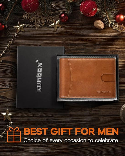 RUNBOX Slim Wallet for Men Genuine Leather RFID Blocking Bifold Minimalist Front Pocket Mens Wallet with Money Clip Thin Gift Box