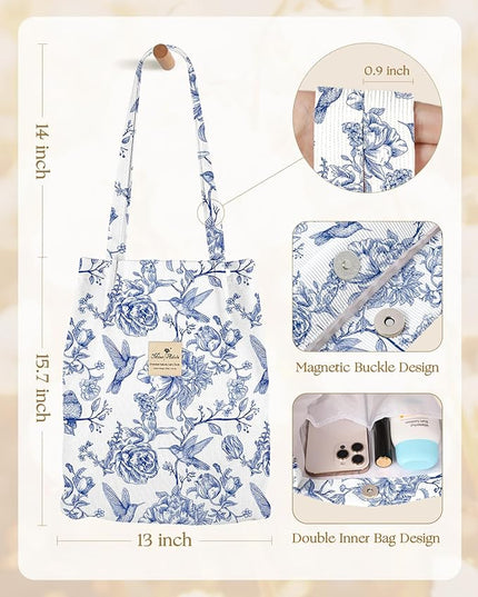 Corduroy Tote Bag for Women - Reusable Totes with Pocket & Buckle Cute Aesthetic Shoulder Bag for Work Travel