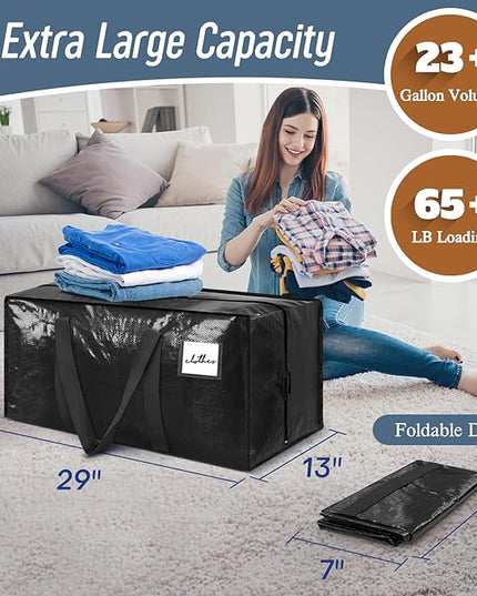 6 Pack Extra Heavy Duty Large Moving Bags with Strong Zipper & Comfortable Handles, Sturdy & Durable Clothes Storage Bags Totes Bins, Packing Moving Boxes for College Supplies, Black