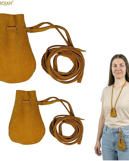 Mythrojan Small Trinket Pouches Suede Leather Drawstring Coin & Dice Bags for LARP, SCA, Viking & Medieval Events (Yellow - Pack of 2)