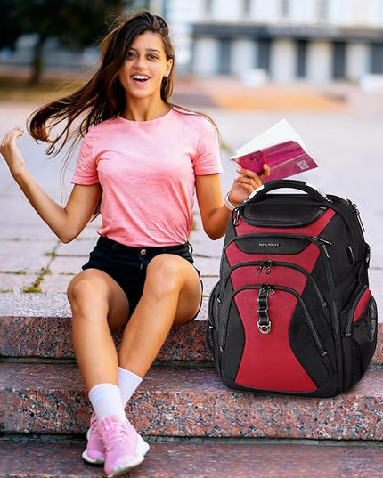 KROSER Travel Laptop Backpack 18.4 Inch XXXL Gaming Backpack with Hard Shell Saferoom RFID Pockets Water-Repellent Business College Daypack Stylish Laptop Bag for Men/Women-Black Red