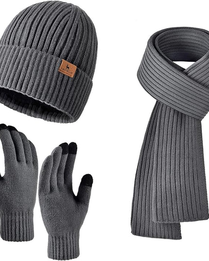 Men Women Winter Beanie Hats Scarf with Touchscreen Gloves Warm Knit Themal Gloves Long Scarf Set with Fleece Lined