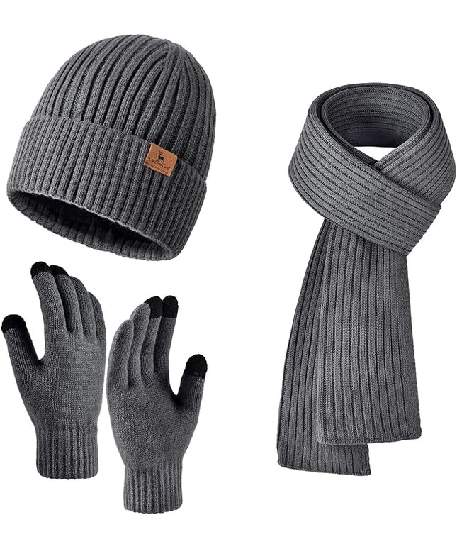 Men Women Winter Beanie Hats Scarf with Touchscreen Gloves Warm Knit Themal Gloves Long Scarf Set with Fleece Lined