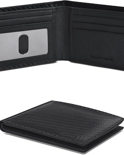 Oak Leathers Slim Leather Wallet for Men - RFID Blocking Slim Minimalist Front Pocket - Thin & Stylish with ID Window, Gift For Men (Small,01Black Carbon Fibre)