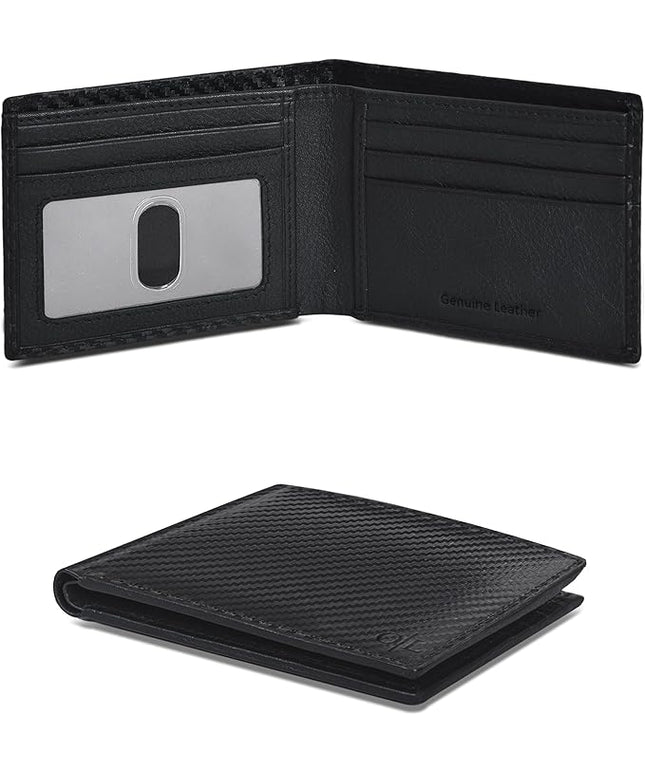 Oak Leathers Slim Leather Wallet for Men - RFID Blocking Slim Minimalist Front Pocket - Thin & Stylish with ID Window, Gift For Men (Small,01Black Carbon Fibre)