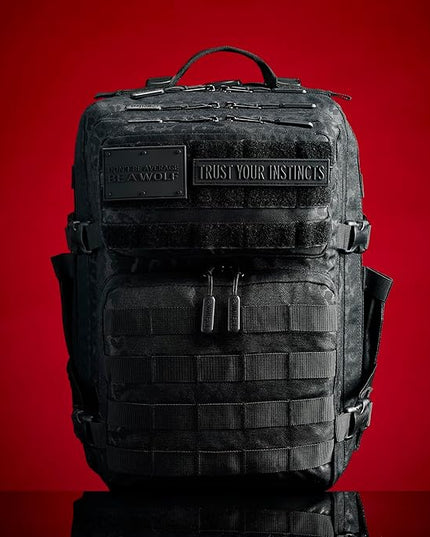 WOLFpak 35L Athletic Gym Backpack - Durable 1000D Waterproof Oxford Material with MOLLE Webbing, Laptop Pocket & Dual Cup Holders, Durable Fitness/Travel/Military Daypack (Black Leopard)
