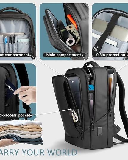 hk Laptop Backpack for Men with USB Charging Port Water-Resistant for 17.3 Inch Computer Bag Durable High-Tech Daypack Casual Backpack for Business Work College Weekender Travel- Black