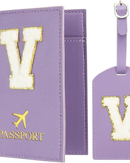 PATIKIL Passport Holder for Travel, Initial Passport Cover and Luggage Tag Set with Alphabet Chenille Letter Patch Travel Wallet Bag Suitcase Identifier for Women Family Travel Purple V